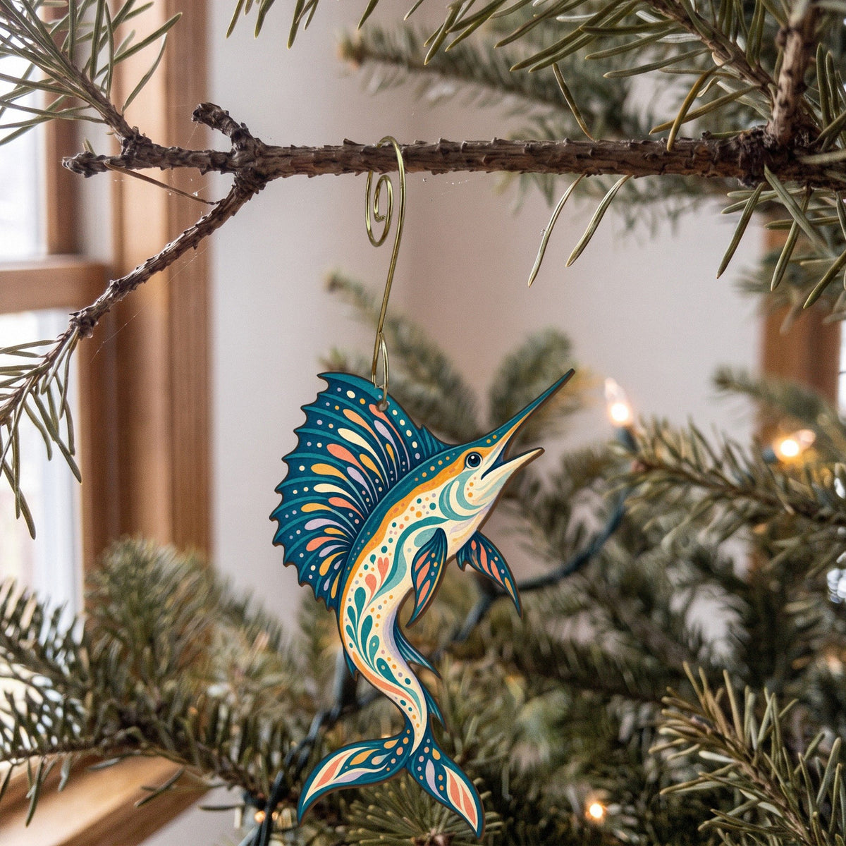Laser-cut maple wood Sailfish folk art ornament O135 hanging on a fir branch, made in USA
