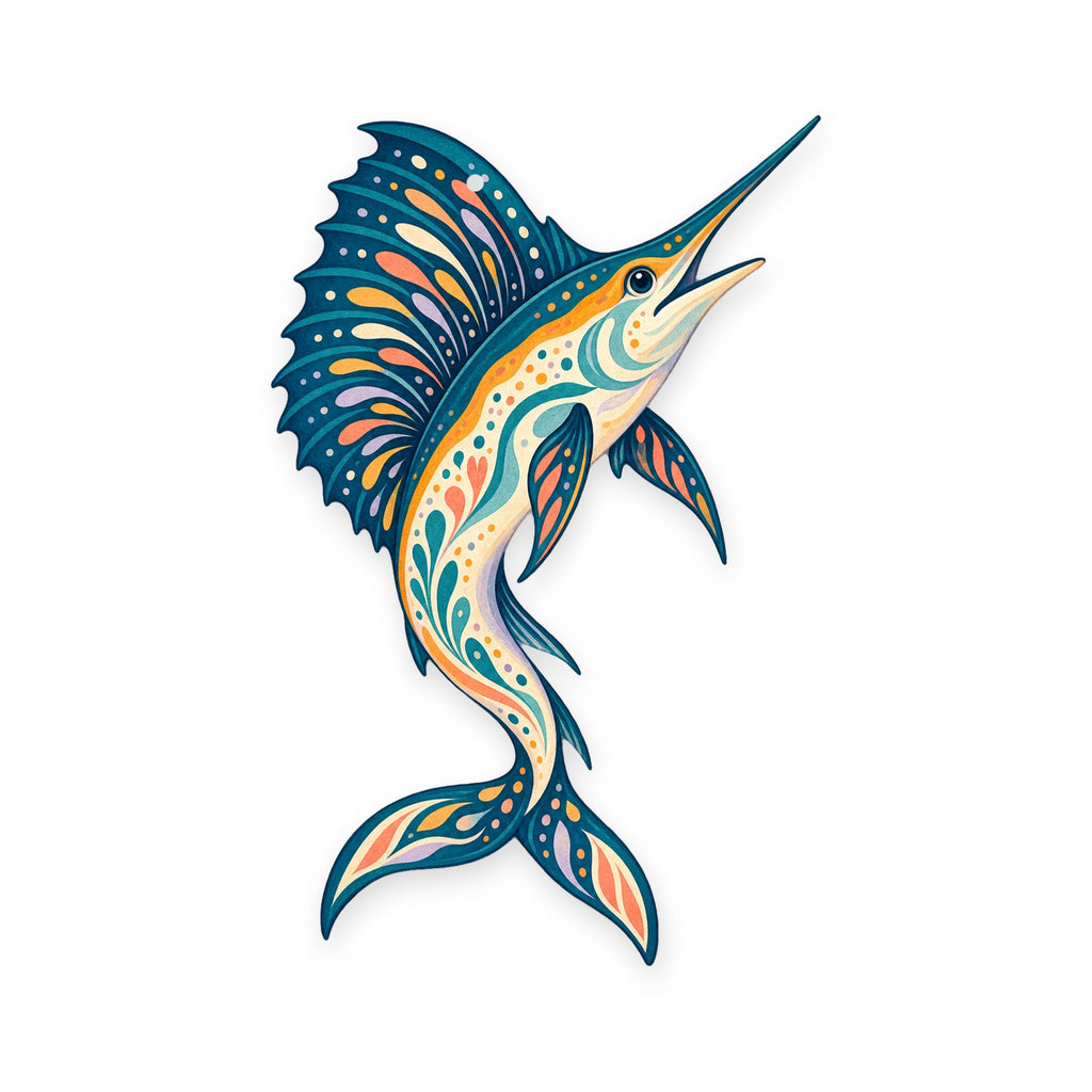 Sailfish folk art ornament O135 on white, laser-cut maple wood, made in USA