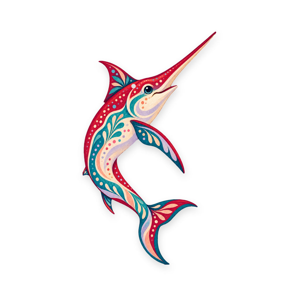 Swordfish folk art ornament O136 on white, laser-cut maple wood, made in USA
