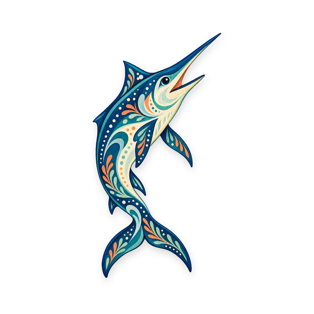 Blue Marlin folk art ornament O137 on white, laser-cut maple wood, made in USA
