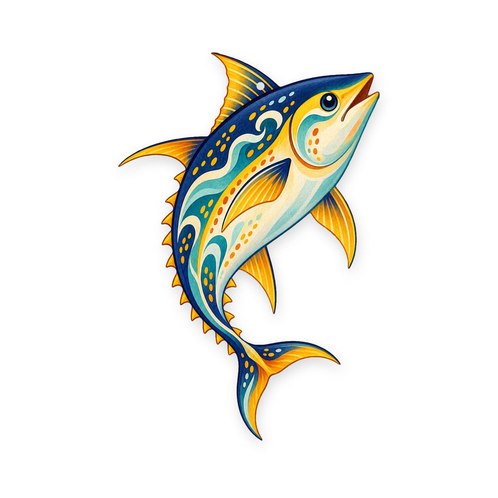 Yellowfin Tuna folk art ornament O138 on white, laser-cut maple wood, made in USA