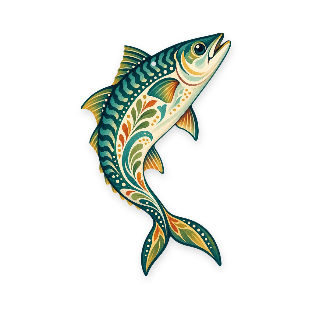 Atlantic Mackerel folk art ornament O139 on white, laser-cut maple wood, made in USA