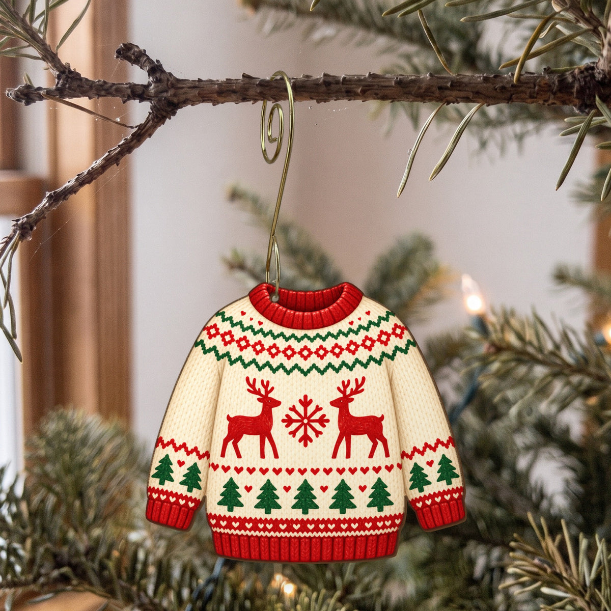 Laser-cut maple wood Christmas ornament O13 hanging on a fir branch, made in USA