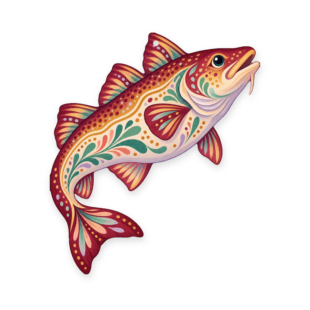 Atlantic Cod folk art ornament O142 on white, laser-cut maple wood, made in USA