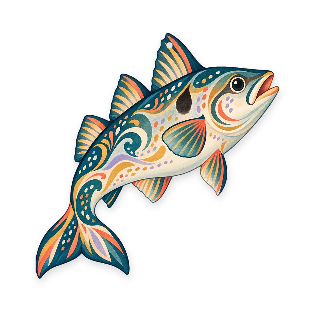 Haddock folk art ornament O143 on white, laser-cut maple wood, made in USA