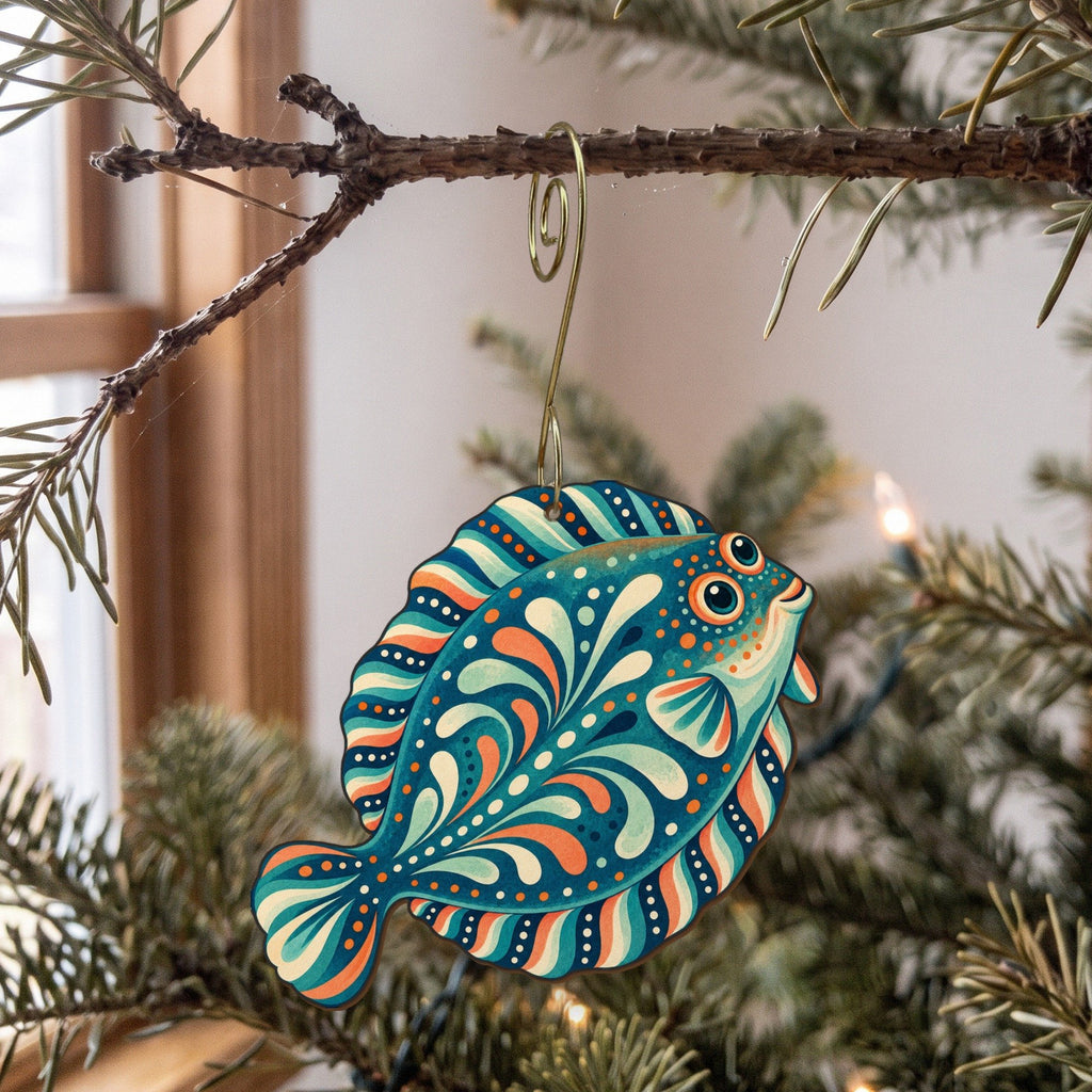 Laser-cut maple wood Flounder folk art ornament O145 hanging on a fir branch, made in USA