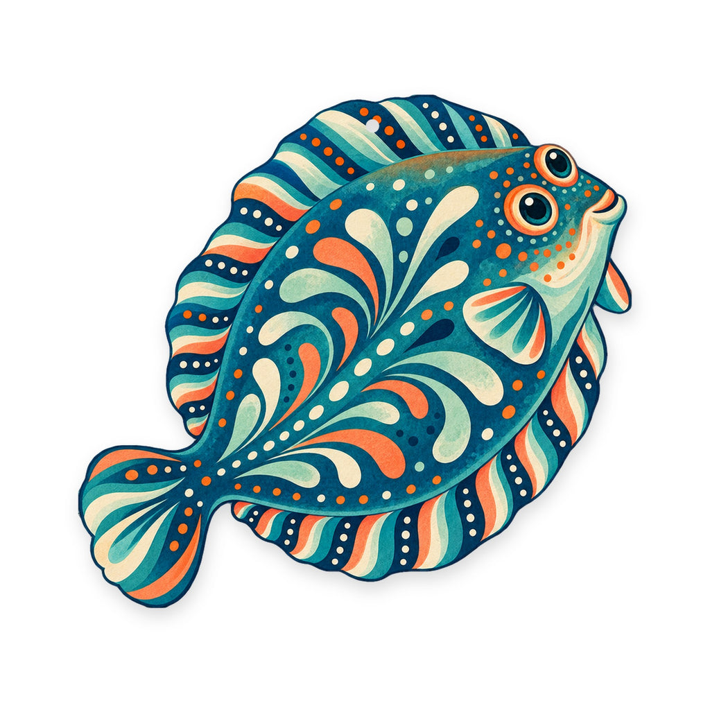 Flounder folk art ornament O145 on white, laser-cut maple wood, made in USA