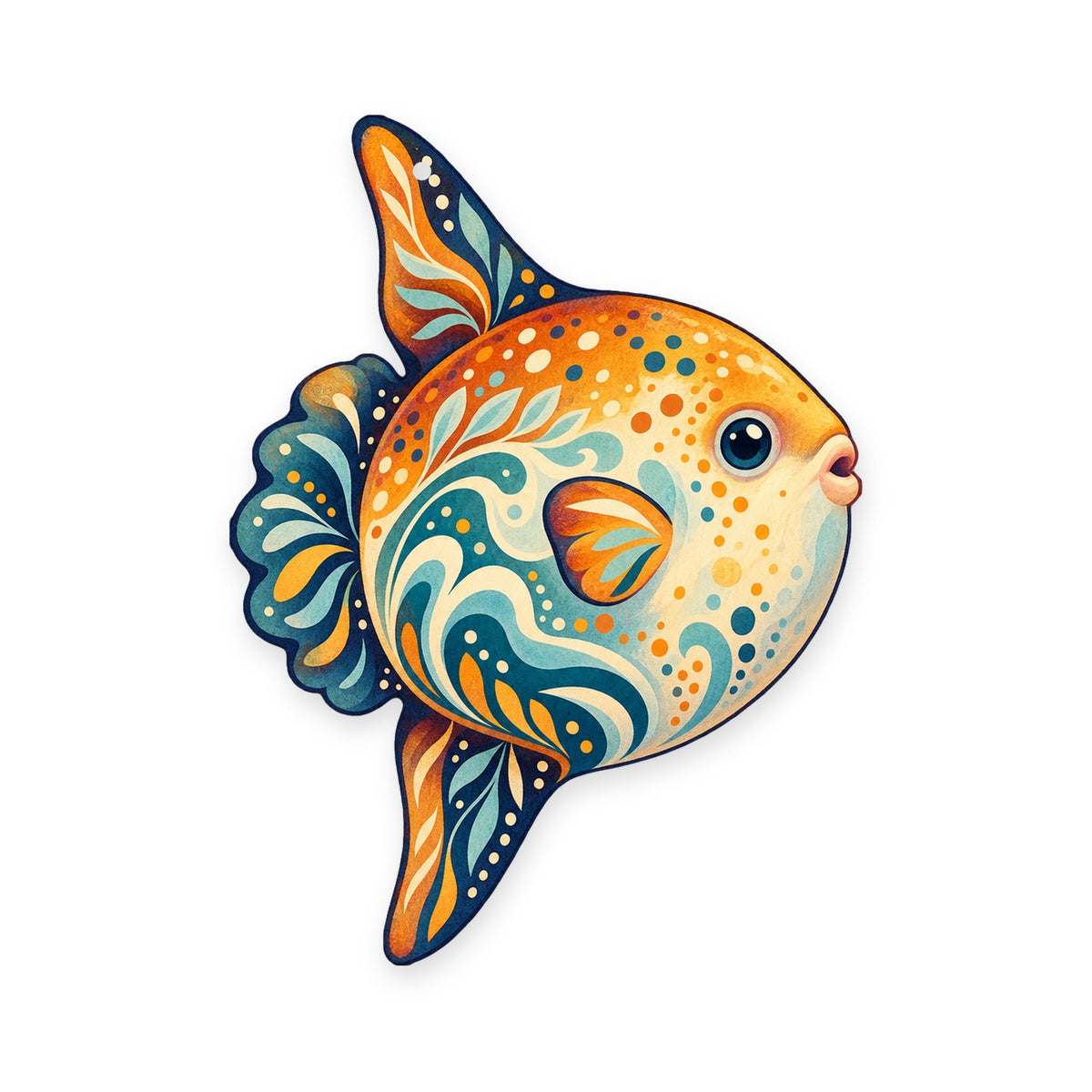 Ocean Sunfish folk art ornament O146 on white, laser-cut maple wood, made in USA