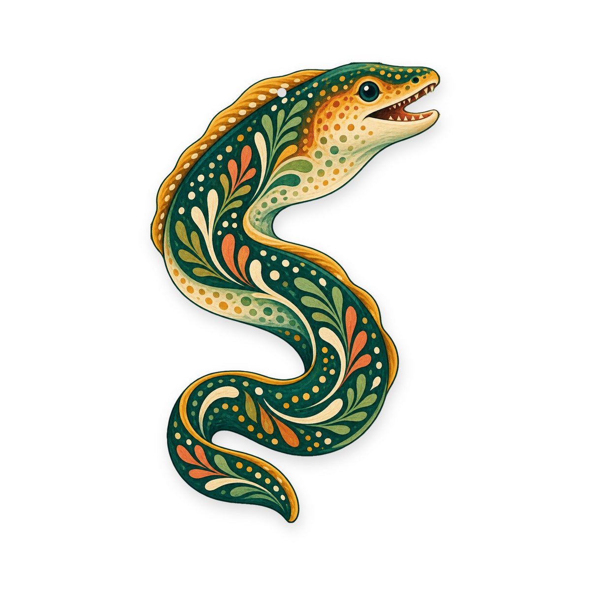 Moray Eel folk art ornament O147 on white, laser-cut maple wood, made in USA