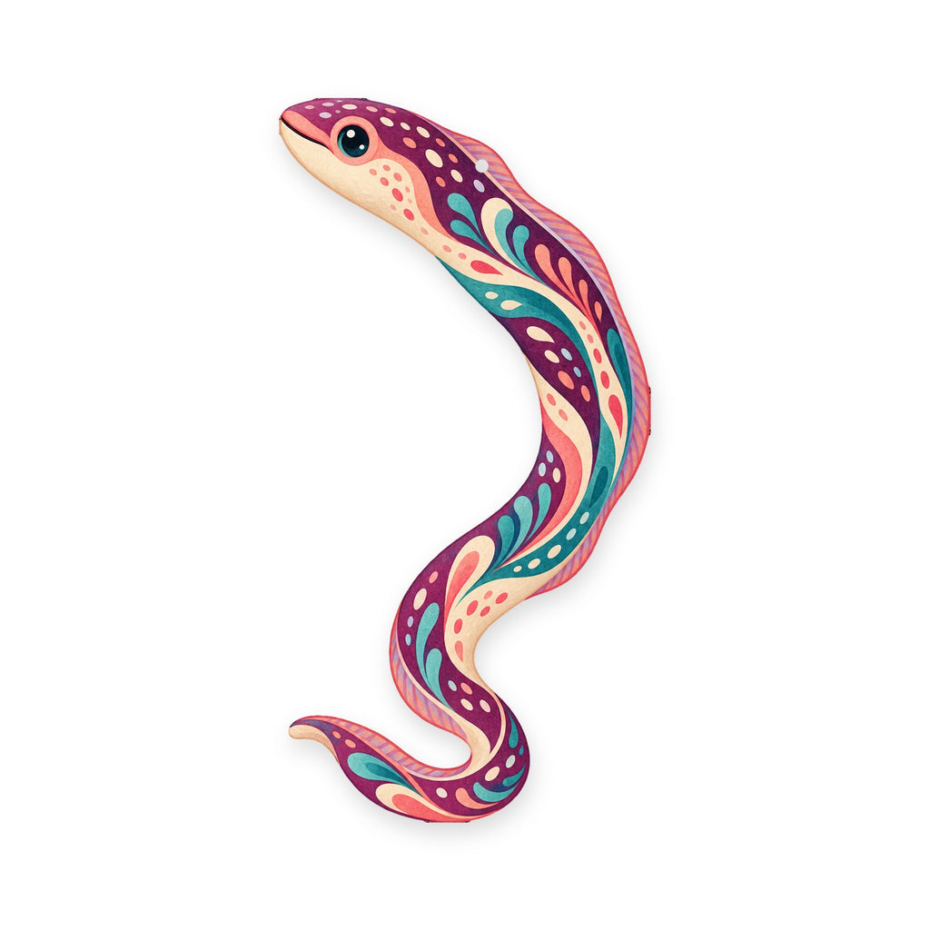 Garden Eel folk art ornament O148 on white, laser-cut maple wood, made in USA
