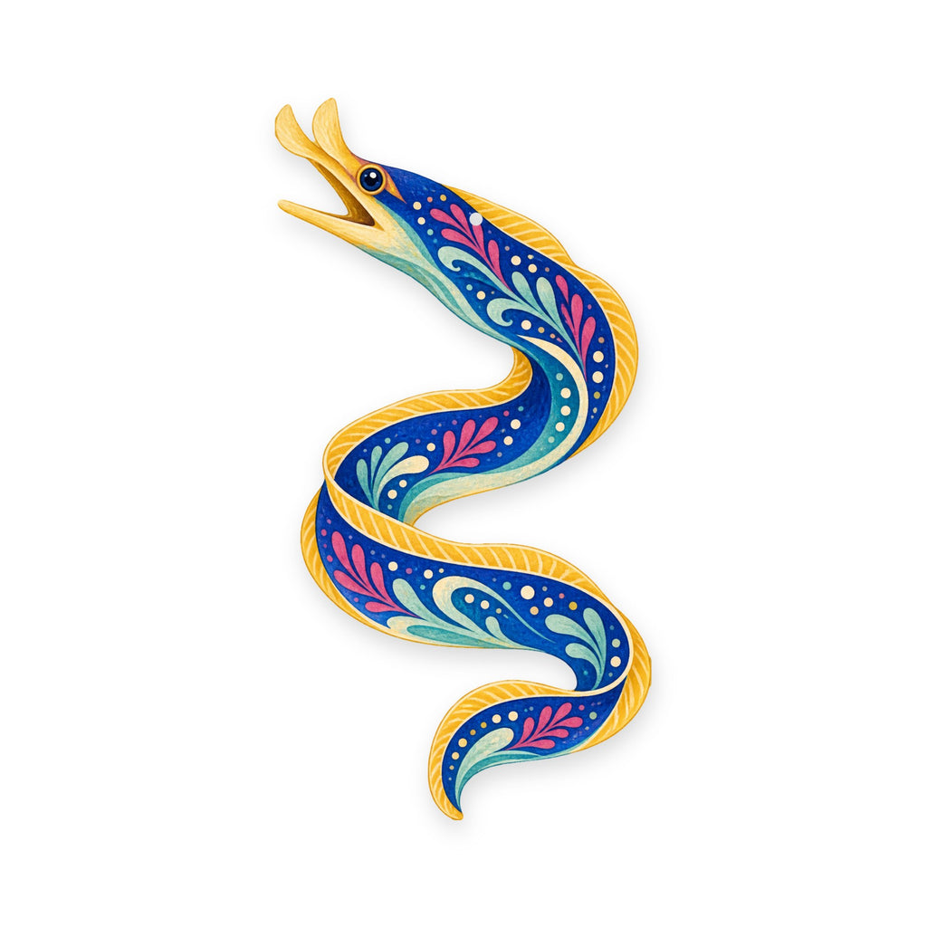 Ribbon Eel folk art ornament O149 on white, laser-cut maple wood, made in USA