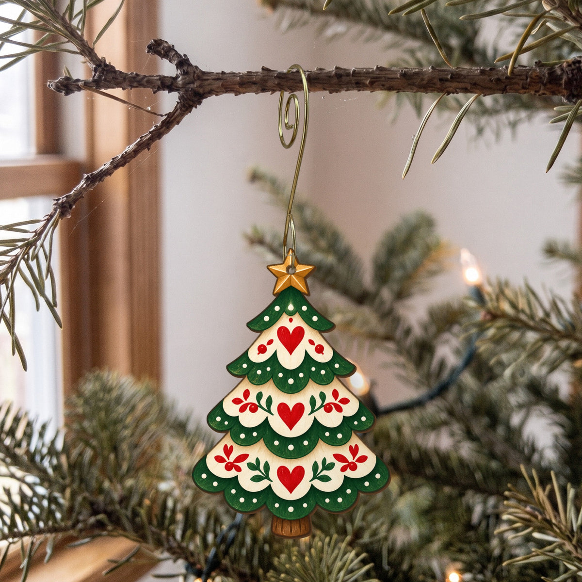 Laser-cut maple wood Christmas ornament O14 hanging on a fir branch, made in USA