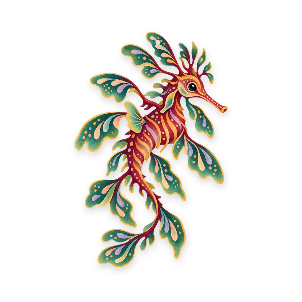Leafy Seadragon folk art ornament O150 on white, laser-cut maple wood, made in USA