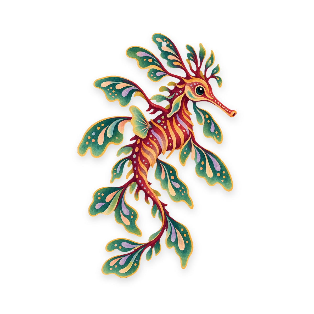 Leafy Seadragon folk art ornament O150 on white, laser-cut maple wood, made in USA