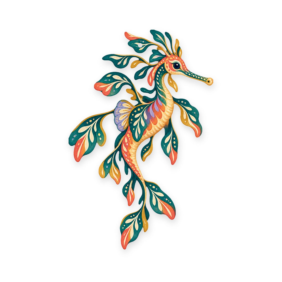 Weedy Seadragon folk art ornament O151 on white, laser-cut maple wood, made in USA
