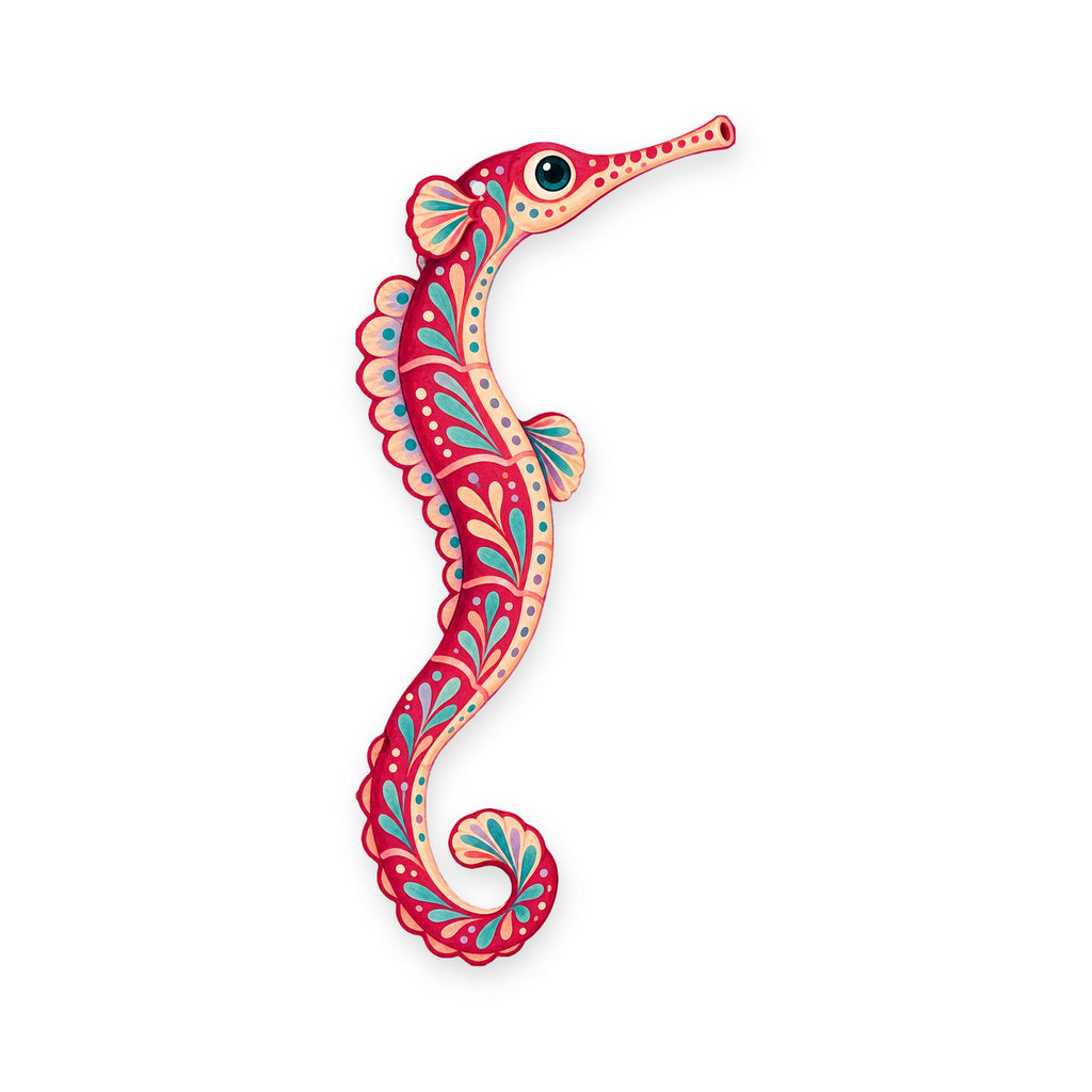 Pipefish folk art ornament O152 on white, laser-cut maple wood, made in USA