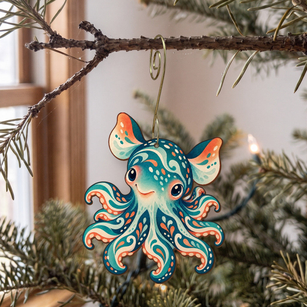Laser-cut maple wood Dumbo Octopus folk art ornament O153 hanging on a fir branch, made in USA