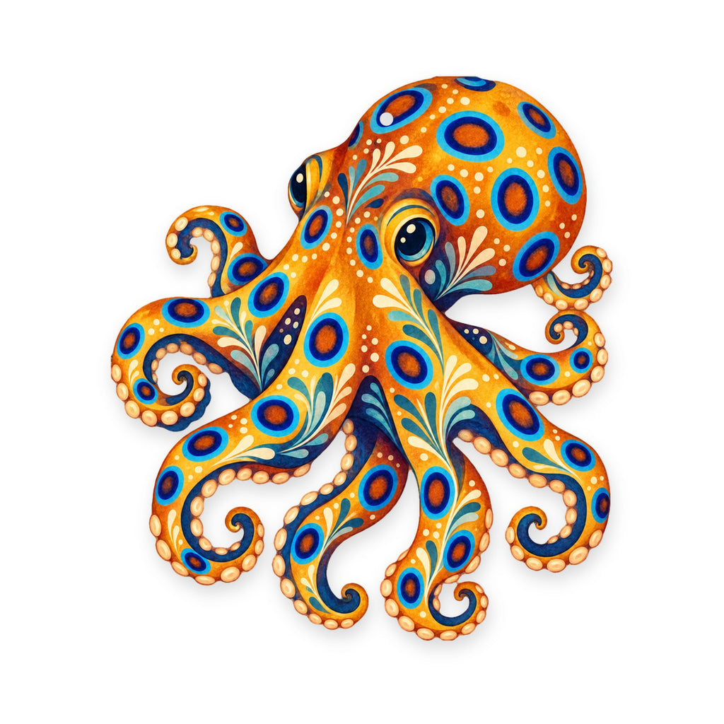 Blue-Ringed Octopus folk art ornament O154 on white, laser-cut maple wood, made in USA
