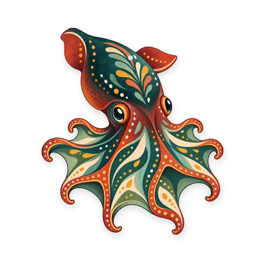 Vampire Squid folk art ornament O155 on white, laser-cut maple wood, made in USA
