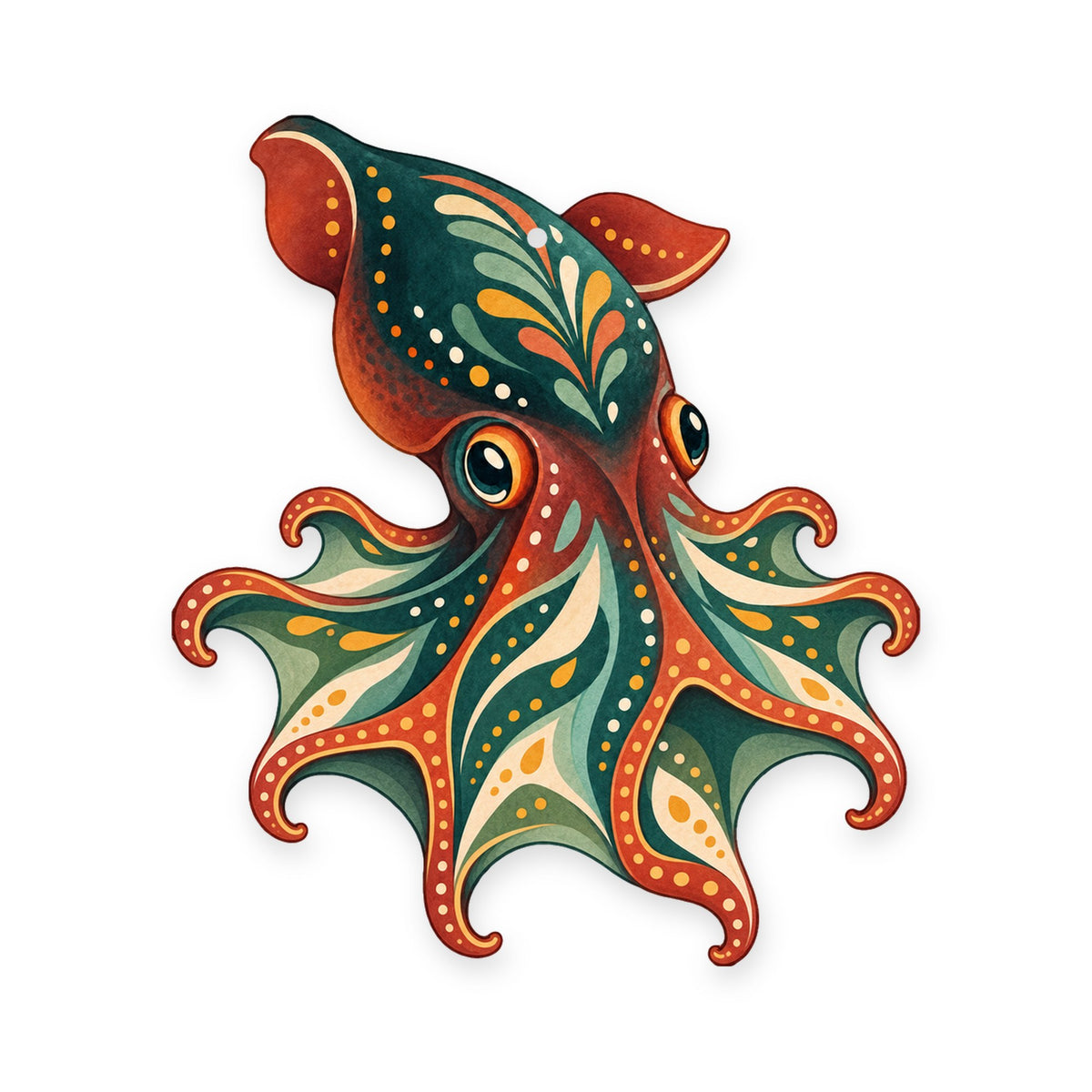 Vampire Squid folk art ornament O155 on white, laser-cut maple wood, made in USA