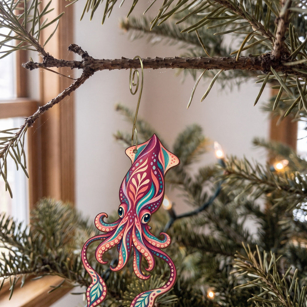 Laser-cut maple wood Giant Squid folk art ornament O156 hanging on a fir branch, made in USA
