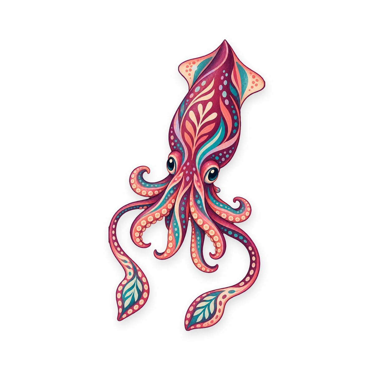 Giant Squid folk art ornament O156 on white, laser-cut maple wood, made in USA