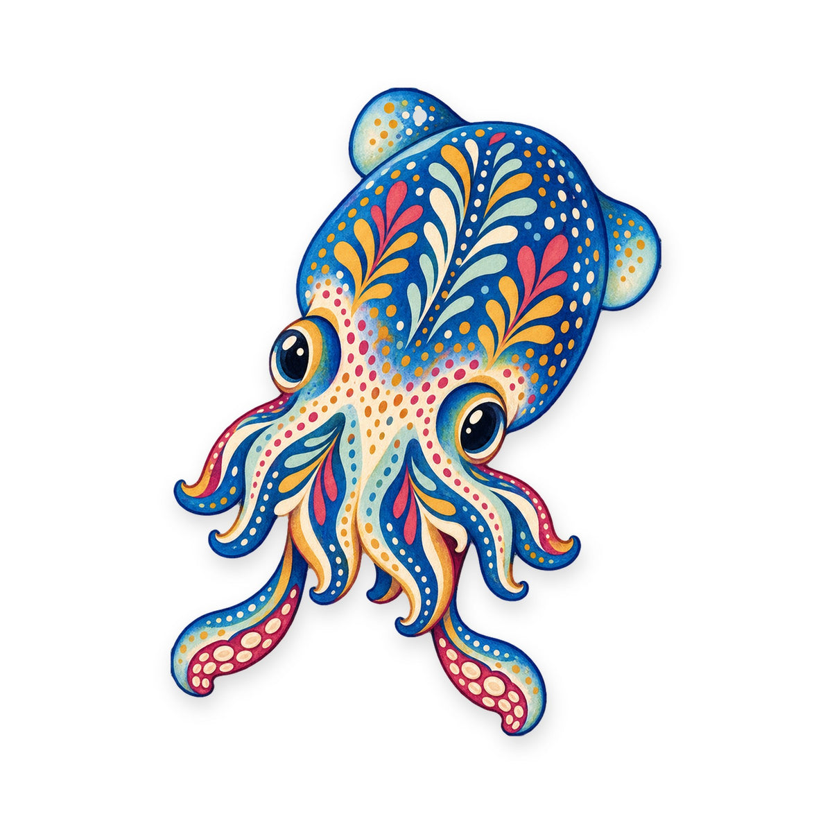 Bobtail Squid folk art ornament O157 on white, laser-cut maple wood, made in USA