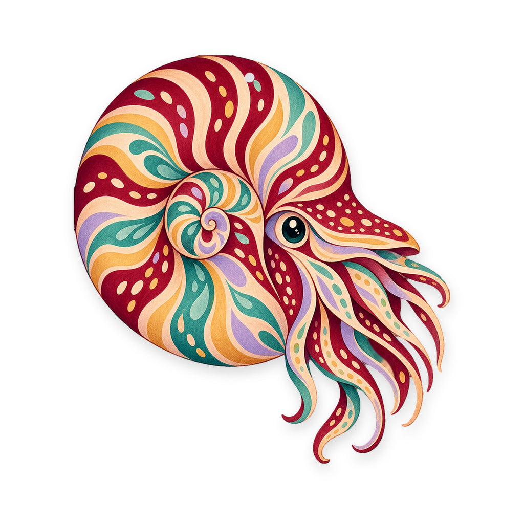 Chambered Nautilus folk art ornament O158 on white, laser-cut maple wood, made in USA