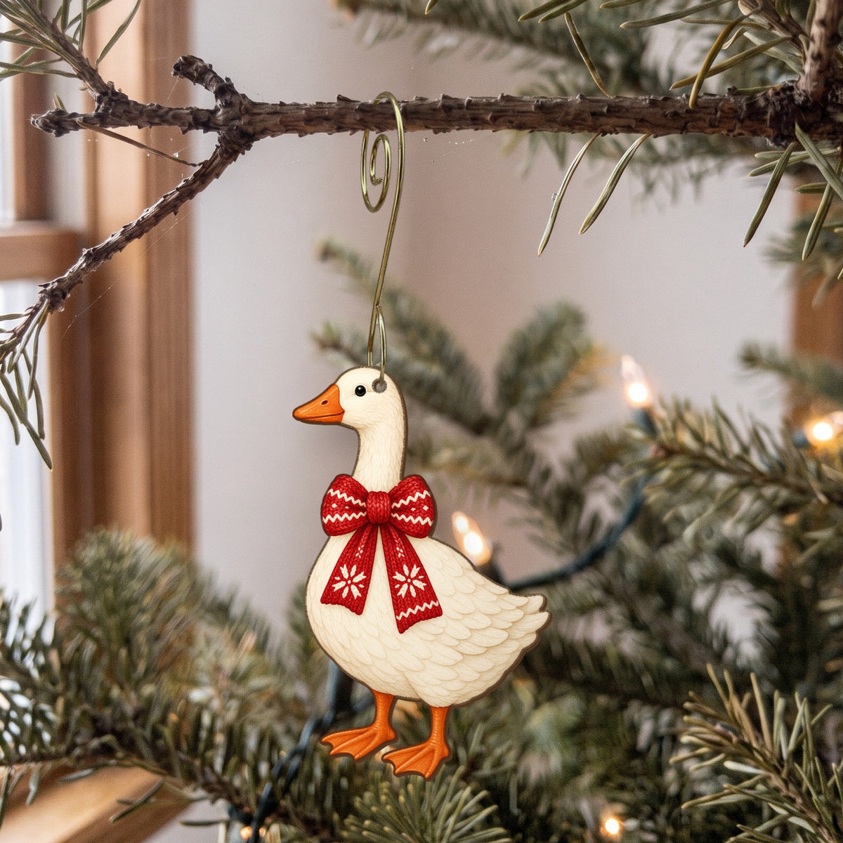 Laser-cut maple wood Christmas ornament O15 hanging on a fir branch, made in USA