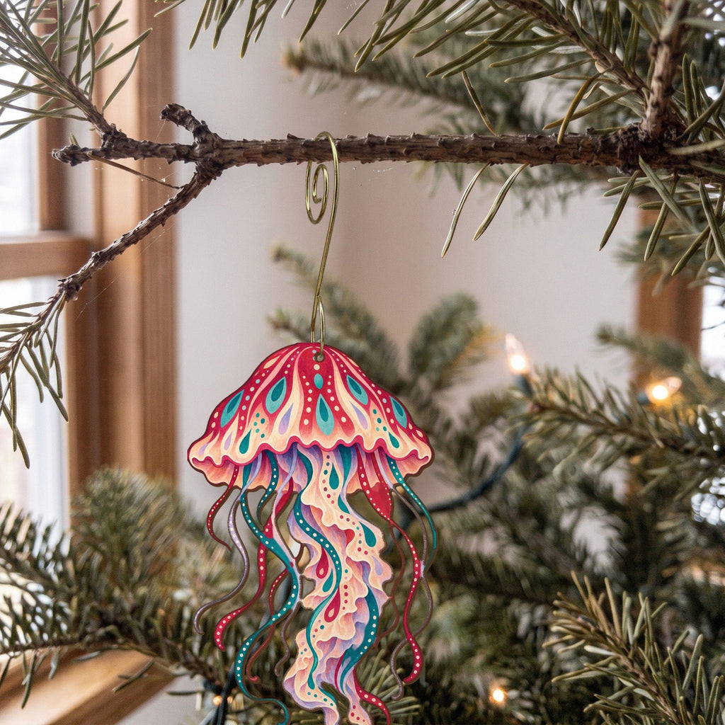 Laser-cut maple wood Sea Nettle Jellyfish folk art ornament O160 hanging on a fir branch, made in USA