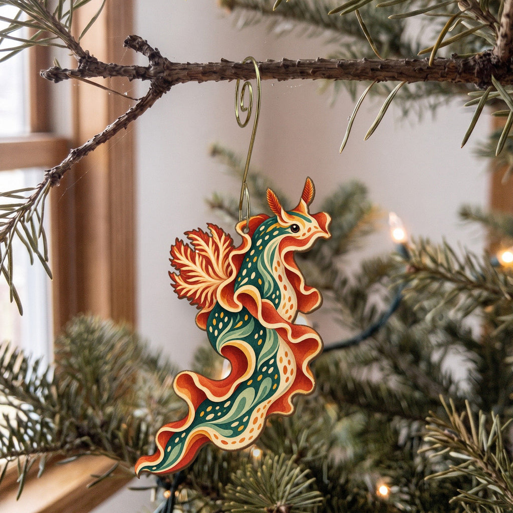 Laser-cut maple wood Spanish Dancer Nudibranch folk art ornament O163 hanging on a fir branch, made in USA