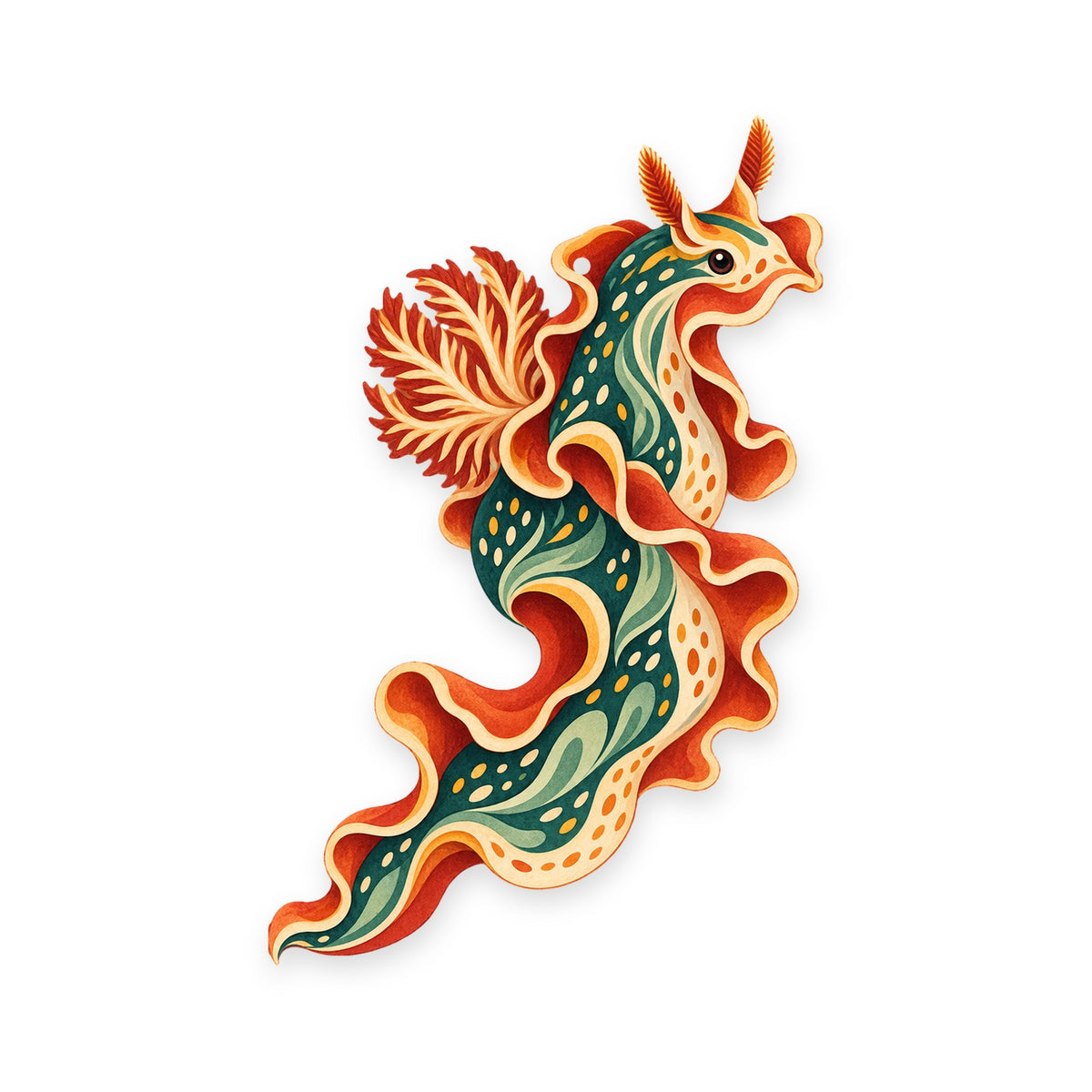 Spanish Dancer Nudibranch folk art ornament O163 on white, laser-cut maple wood, made in USA