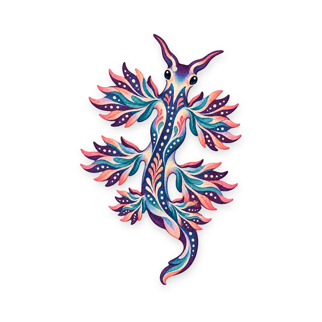 Blue Dragon Sea Slug folk art ornament O164 on white, laser-cut maple wood, made in USA