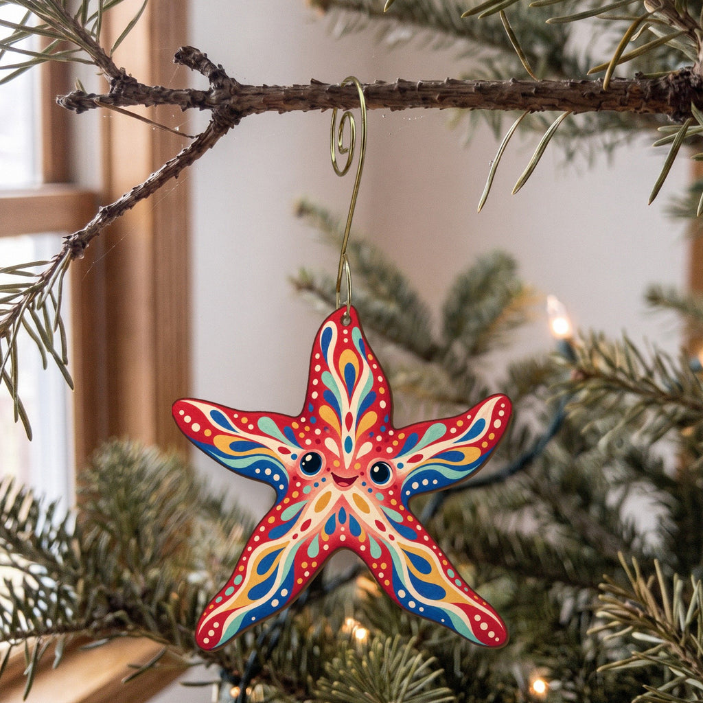 Laser-cut maple wood Red Starfish folk art ornament O165 hanging on a fir branch, made in USA