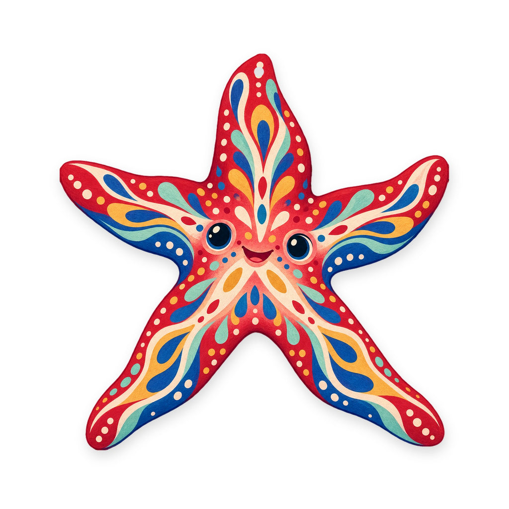 Red Starfish folk art ornament O165 on white, laser-cut maple wood, made in USA