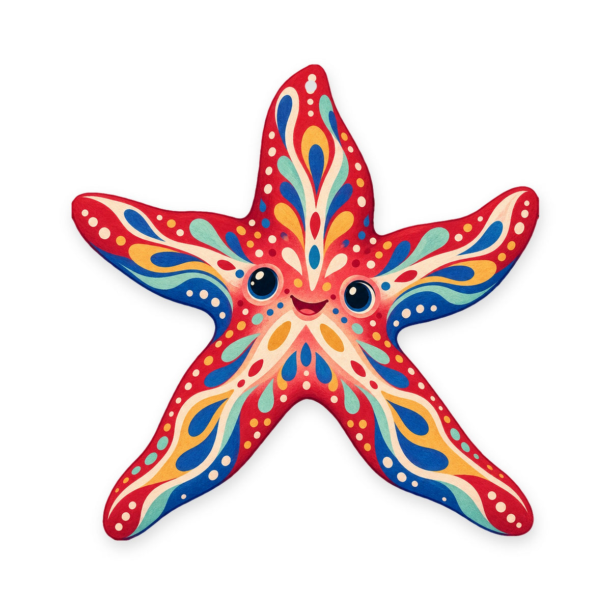 Red Starfish folk art ornament O165 on white, laser-cut maple wood, made in USA