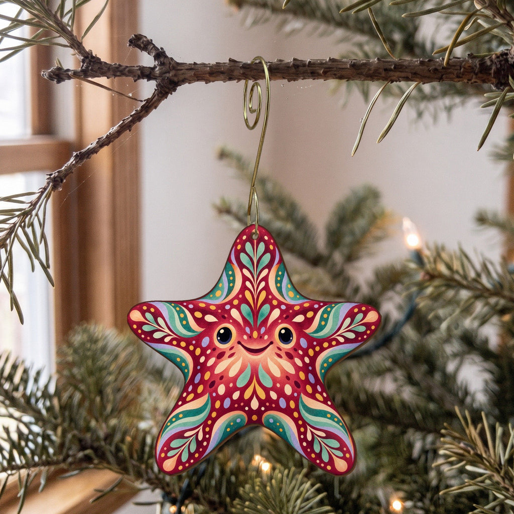 Laser-cut maple wood Cushion Sea Star folk art ornament O166 hanging on a fir branch, made in USA