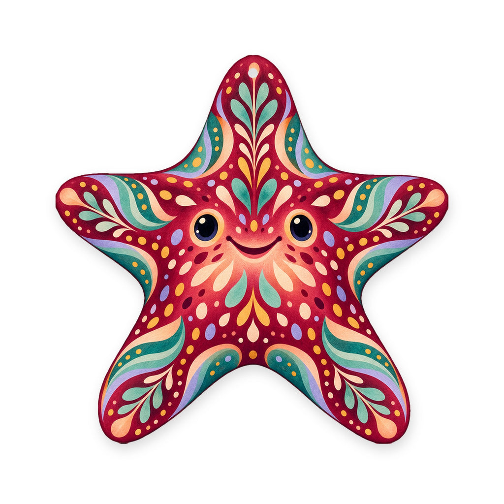Cushion Sea Star folk art ornament O166 on white, laser-cut maple wood, made in USA