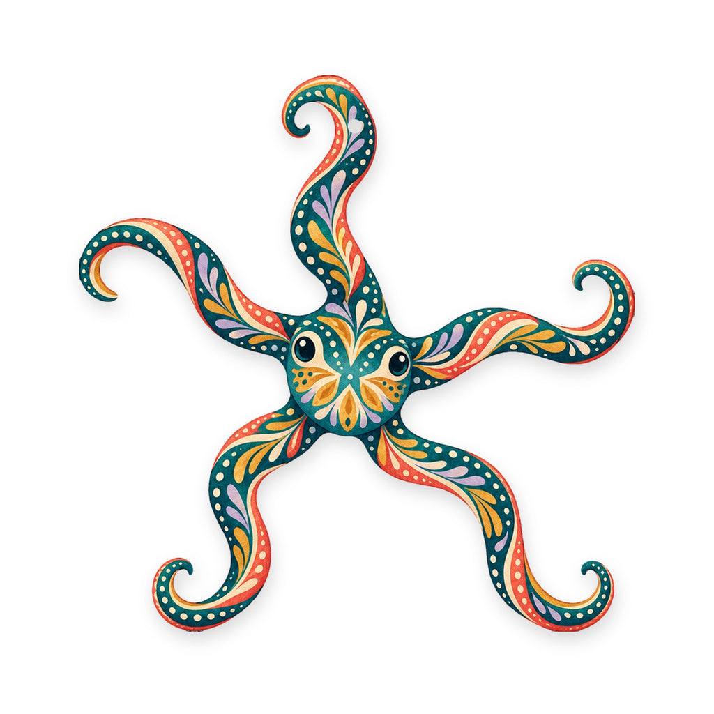 Brittle Star folk art ornament O167 on white, laser-cut maple wood, made in USA
