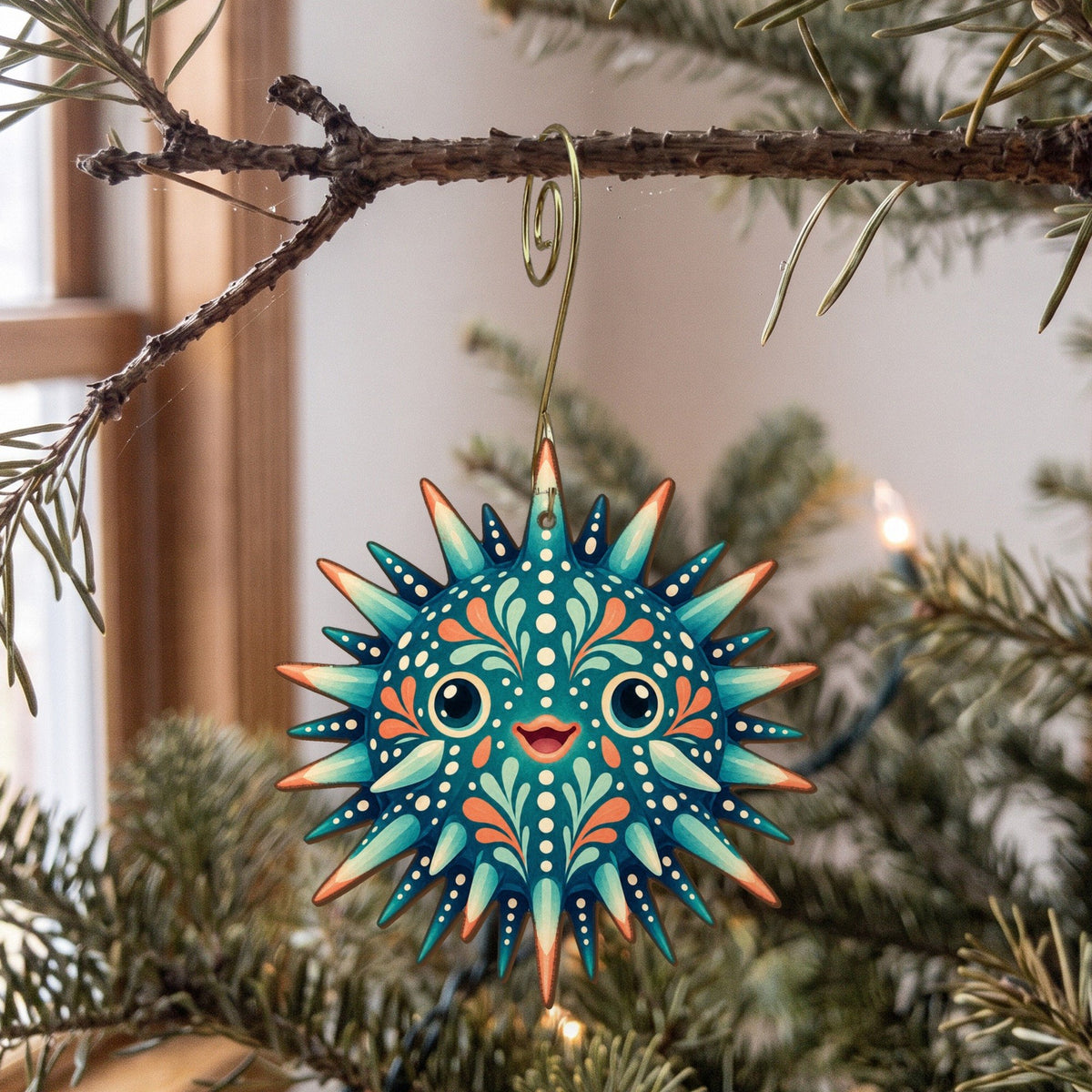 Laser-cut maple wood Sea Urchin folk art ornament O169 hanging on a fir branch, made in USA