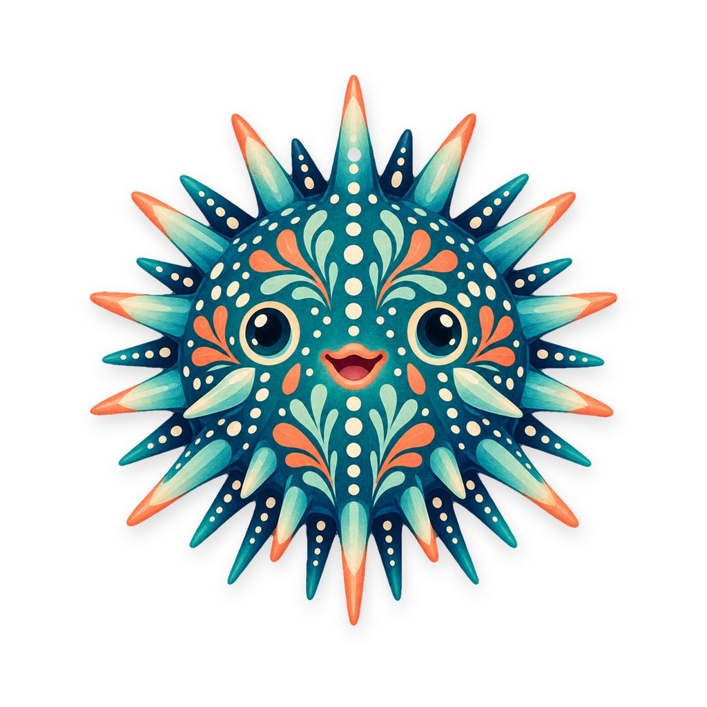 Sea Urchin folk art ornament O169 on white, laser-cut maple wood, made in USA