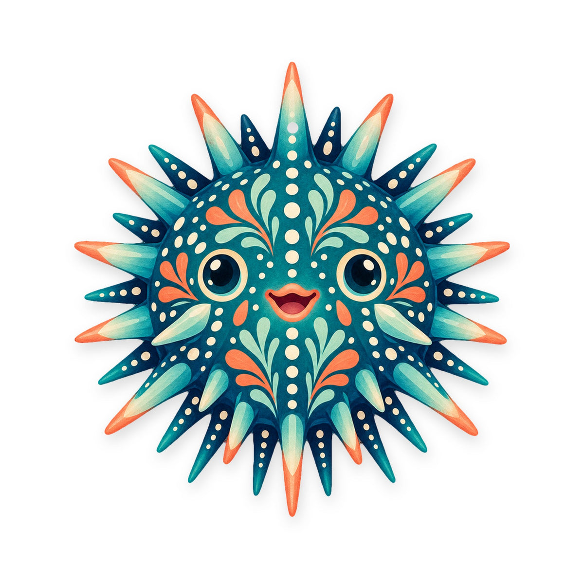 Sea Urchin folk art ornament O169 on white, laser-cut maple wood, made in USA
