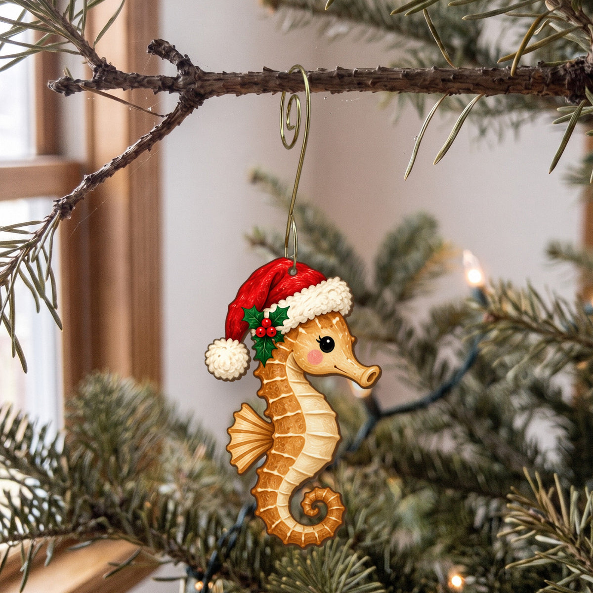 Laser-cut maple wood Christmas ornament O16 hanging on a fir branch, made in USA
