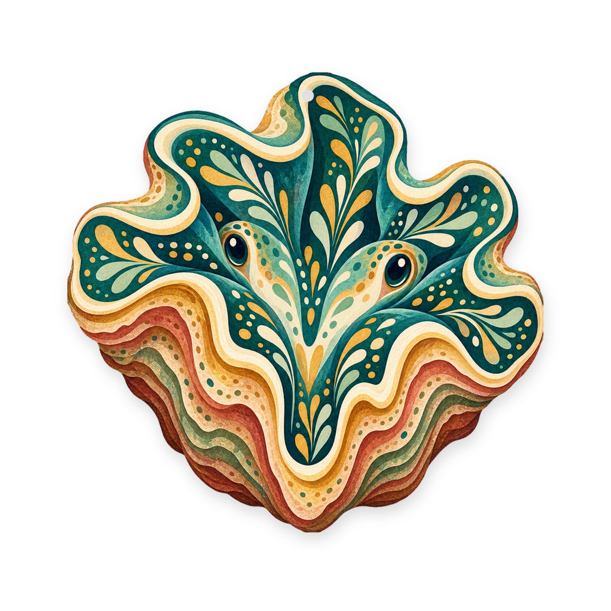Giant Clam folk art ornament O171 on white, laser-cut maple wood, made in USA
