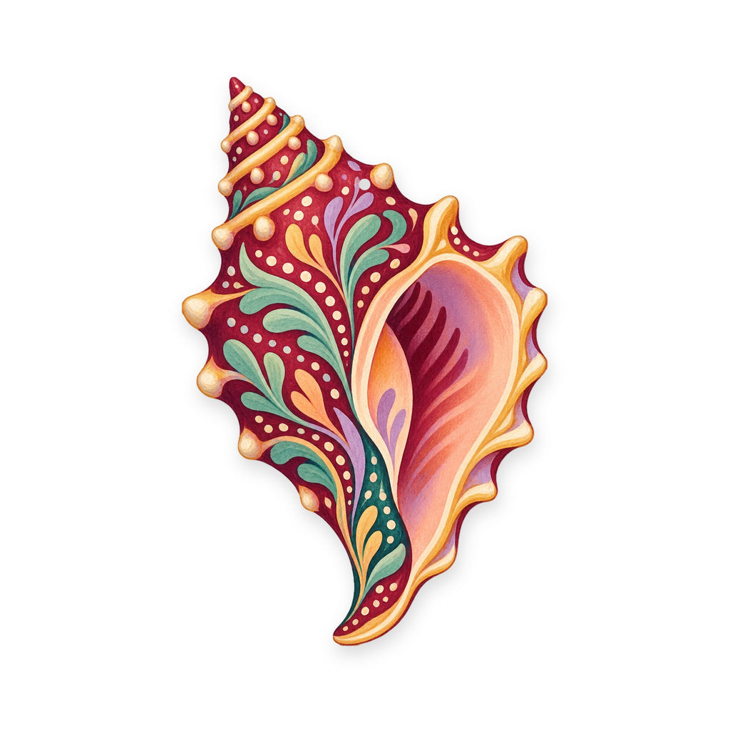Conch folk art ornament O174 on white, laser-cut maple wood, made in USA