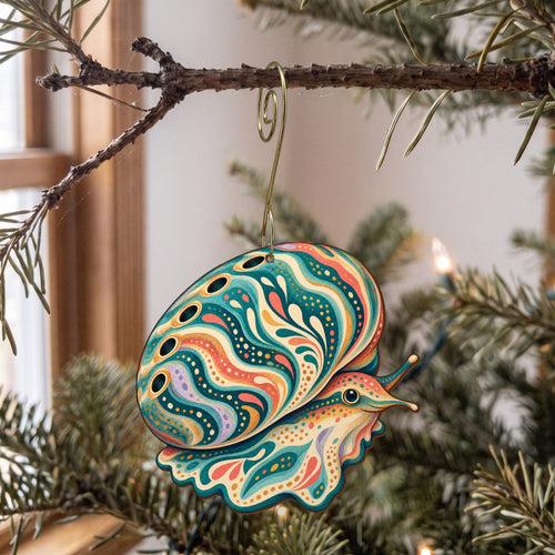 Laser-cut maple wood Abalone folk art ornament O175 hanging on a fir branch, made in USA