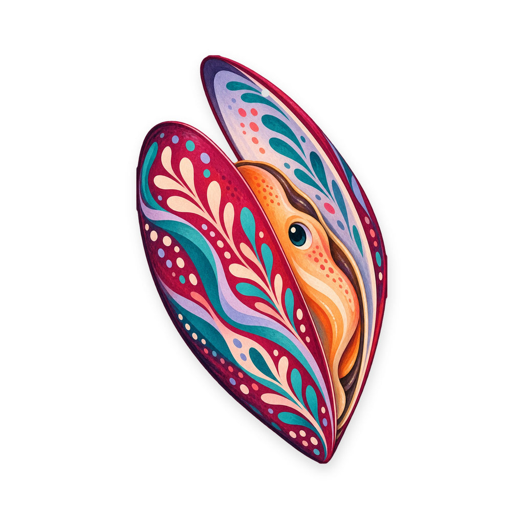 Mussel folk art ornament O176 on white, laser-cut maple wood, made in USA