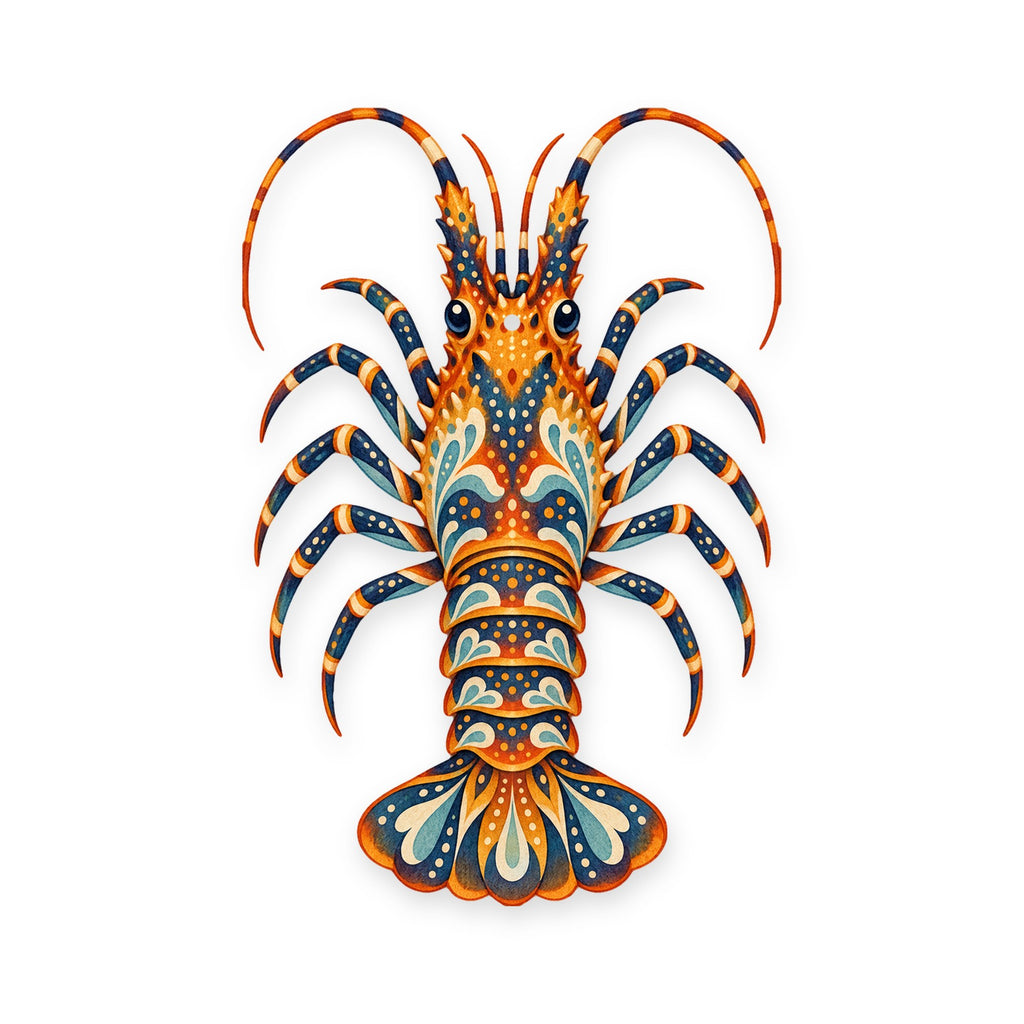 Spiny Lobster folk art ornament O178 on white, laser-cut maple wood, made in USA