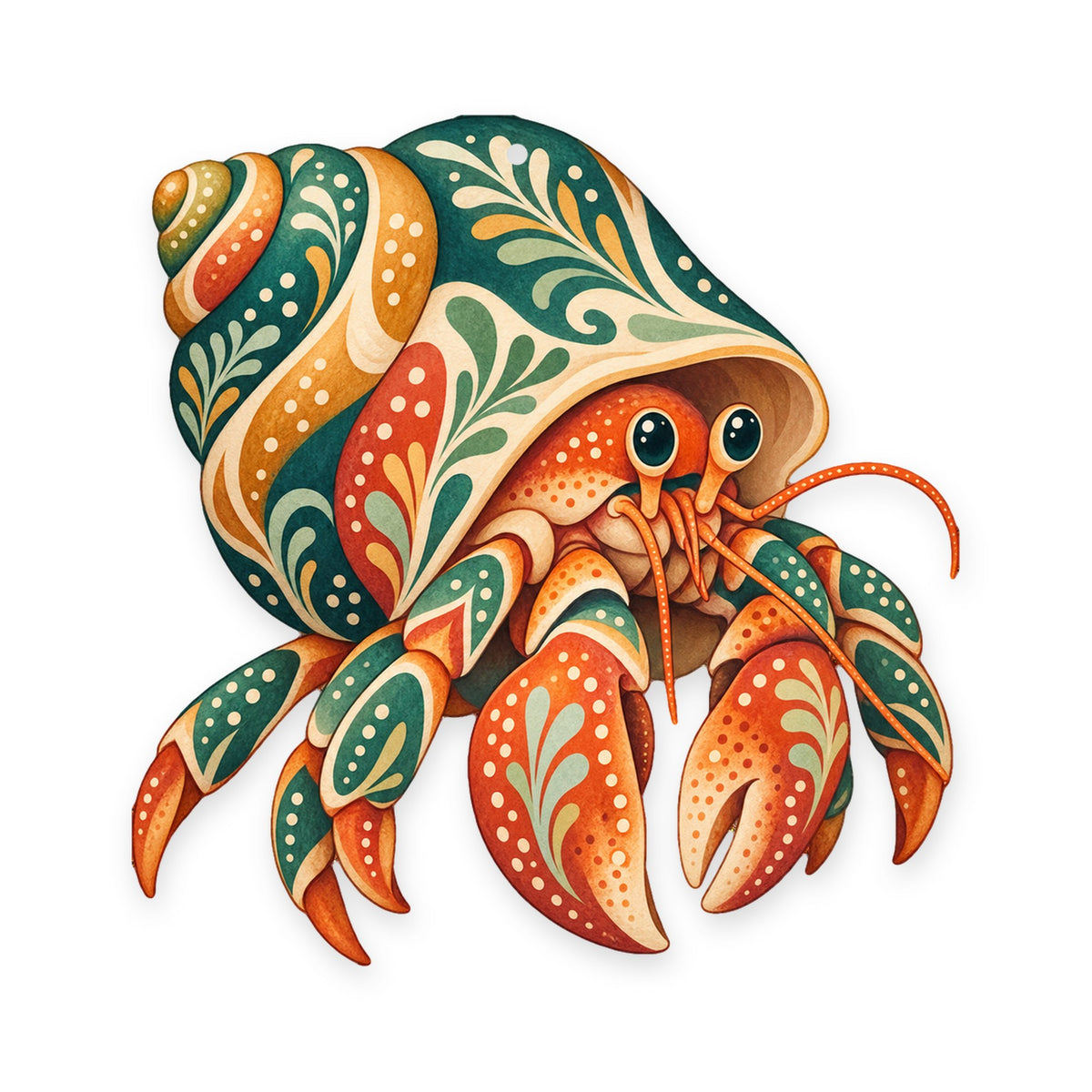 Hermit Crab folk art ornament O179 on white, laser-cut maple wood, made in USA