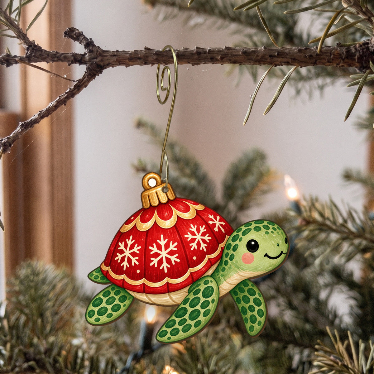 Laser-cut maple wood Christmas ornament O17 hanging on a fir branch, made in USA